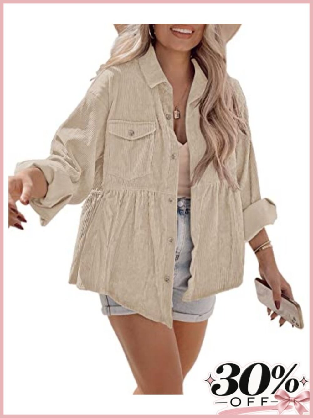 Corduroy Button Down Shacket Tunic Blouse